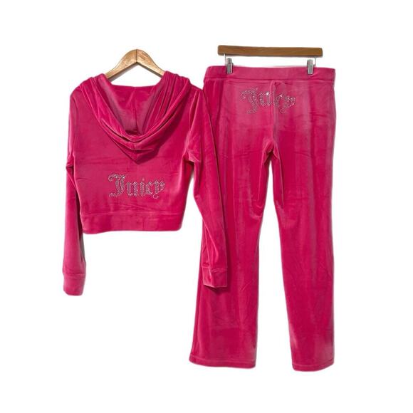 NWT Large JUICY COUTURE Velour Bling Tracksuit Hoodie & Pant Hot Pink - Picture 1 of 11